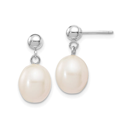 14k White Gold Dangle Earrings with Oval Freshwater Cultured Pearls, Drop Design for Women