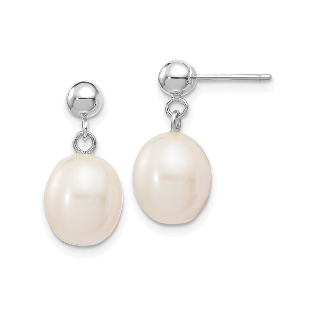 14k White Gold Dangle Earrings with Oval Freshwater Cultured Pearls, Drop Design for Women
