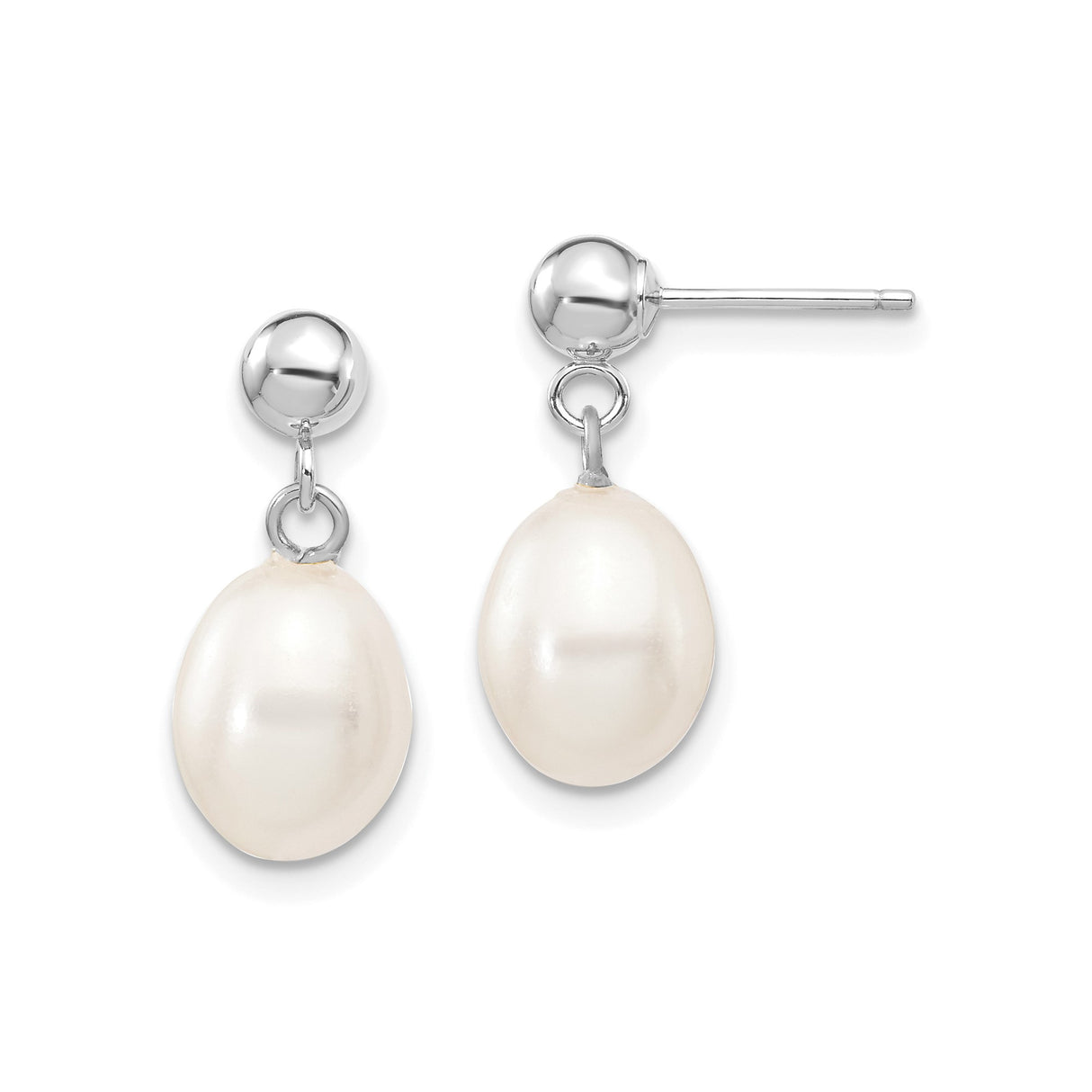 14k White Gold Dangle Earrings with Oval Freshwater Pearls, Timeless Drop Style