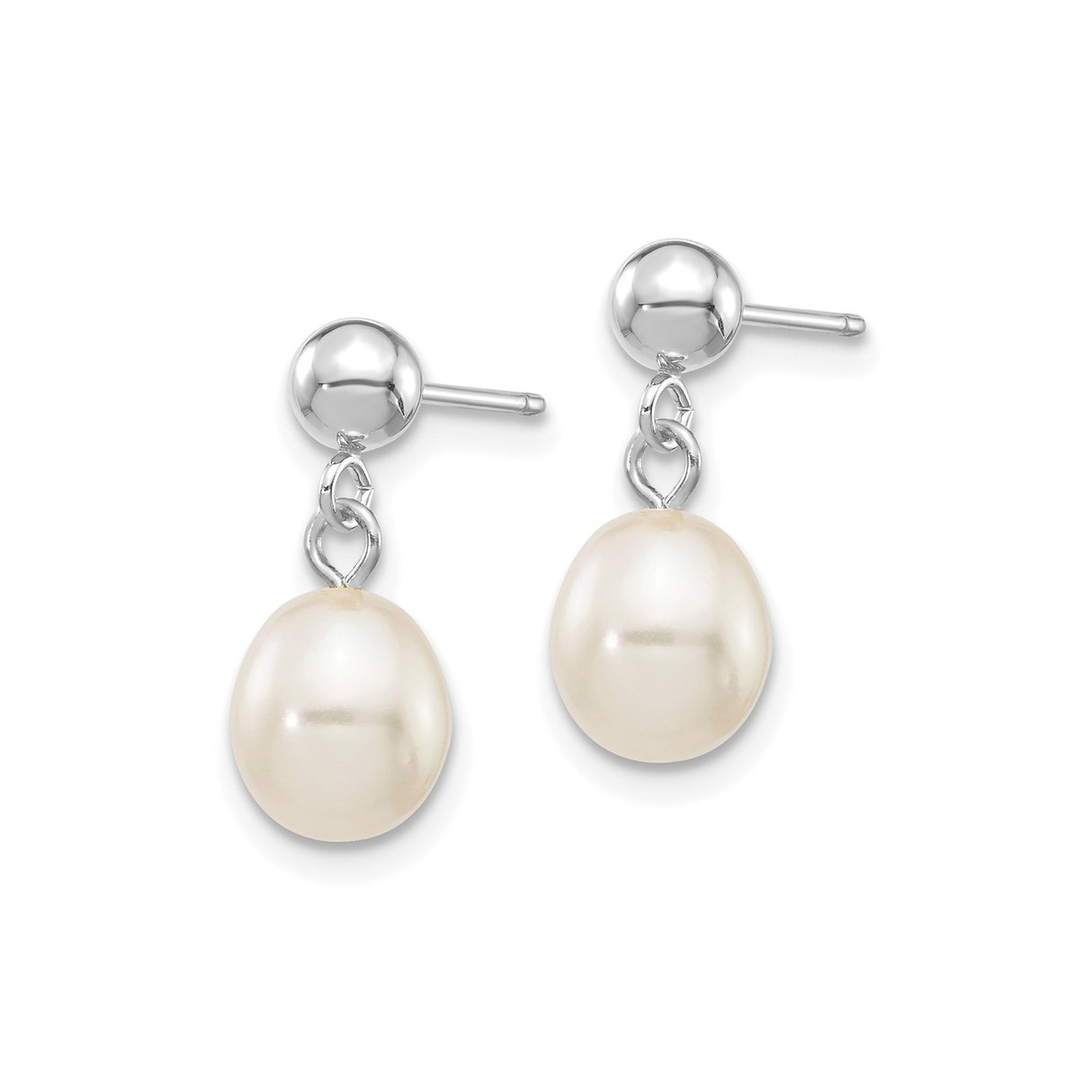 14k White Gold Drop Earrings with White Freshwater Cultured Pearls, Classic Dangle Studs