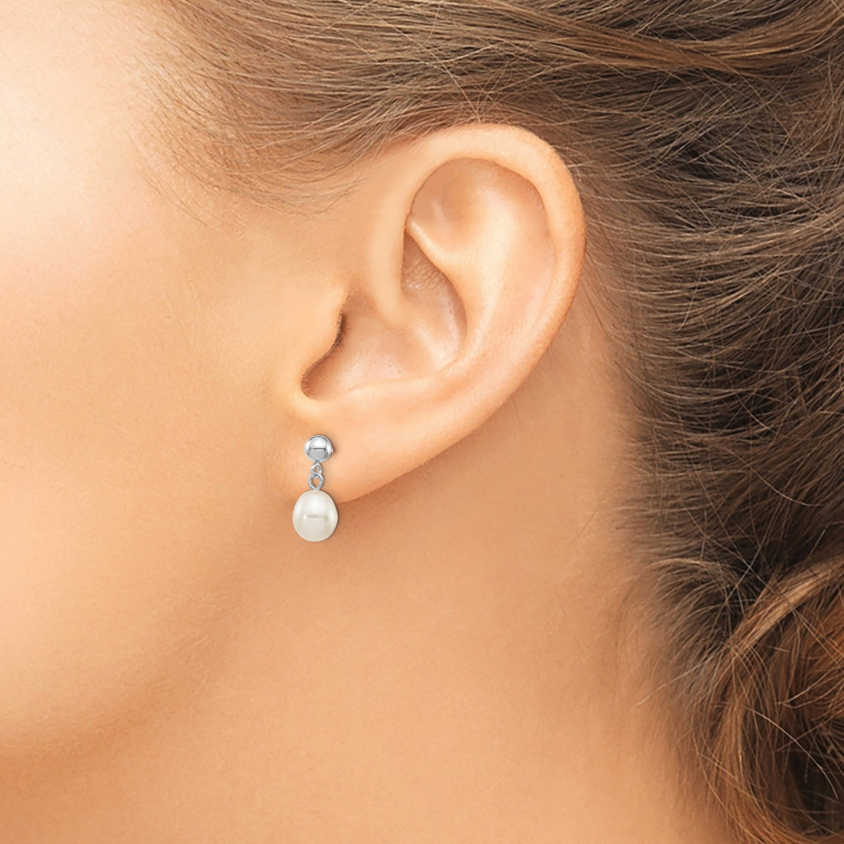 14k White Gold Drop Earrings with White Freshwater Cultured Pearls, Classic Dangle Studs