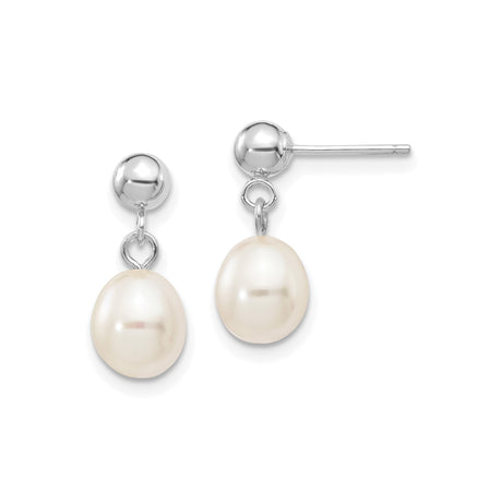 14k White Gold Drop Earrings with White Freshwater Cultured Pearls, Classic Dangle Studs