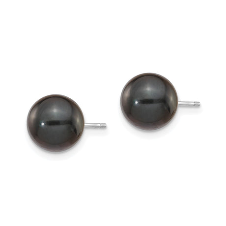 14k White Gold Stud Earrings with Round Black Pearl, Classic Post Back Design for Women