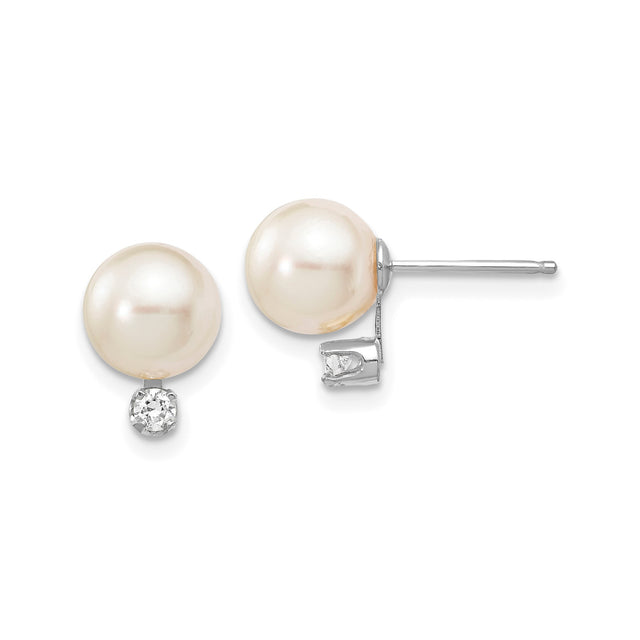 14k White Gold Stud Earrings with Cultured Akoya Pearls and Diamond Accents