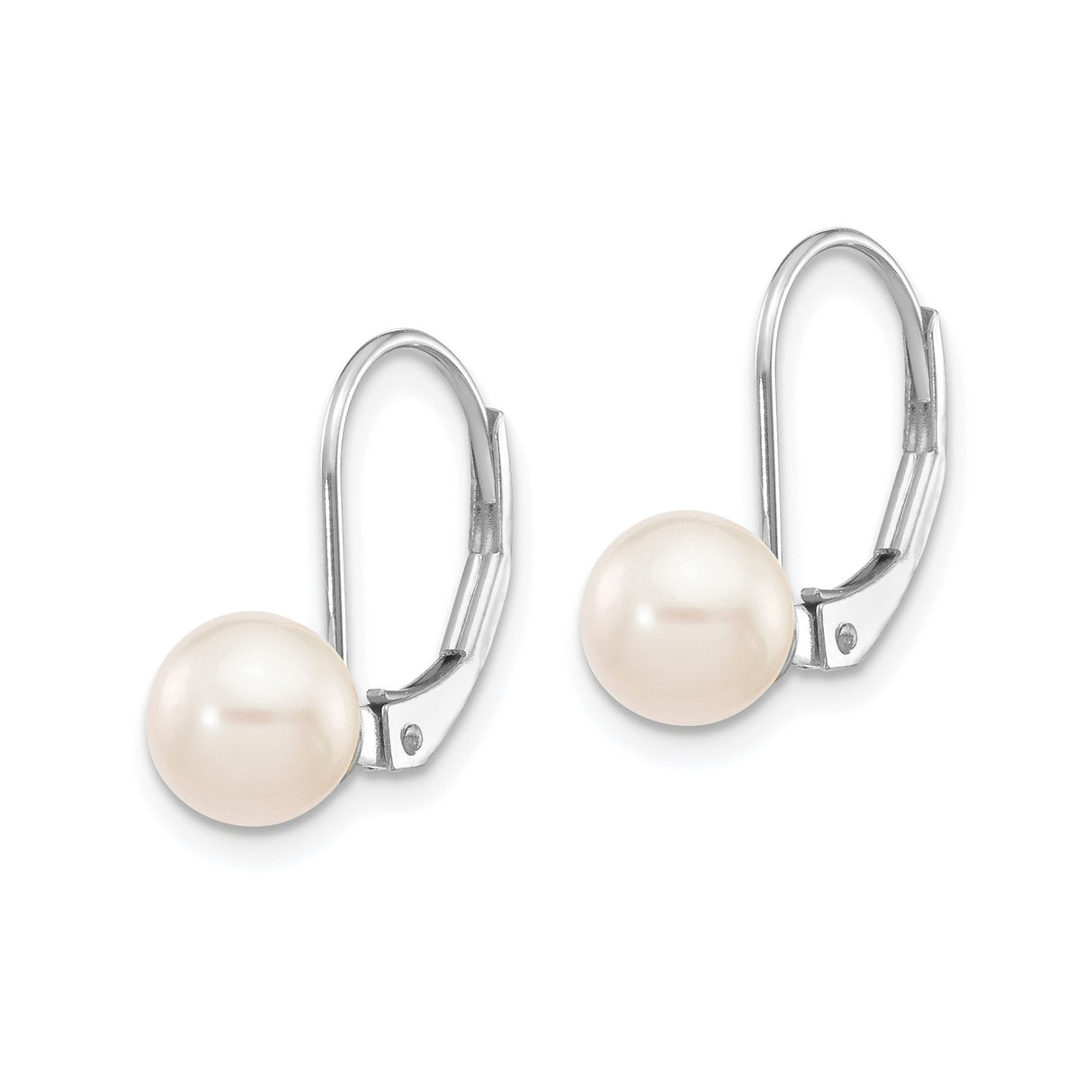 14k White Gold Drop Earrings with Round Cultured Pearls, Leverback Closure, Bridal Jewelry