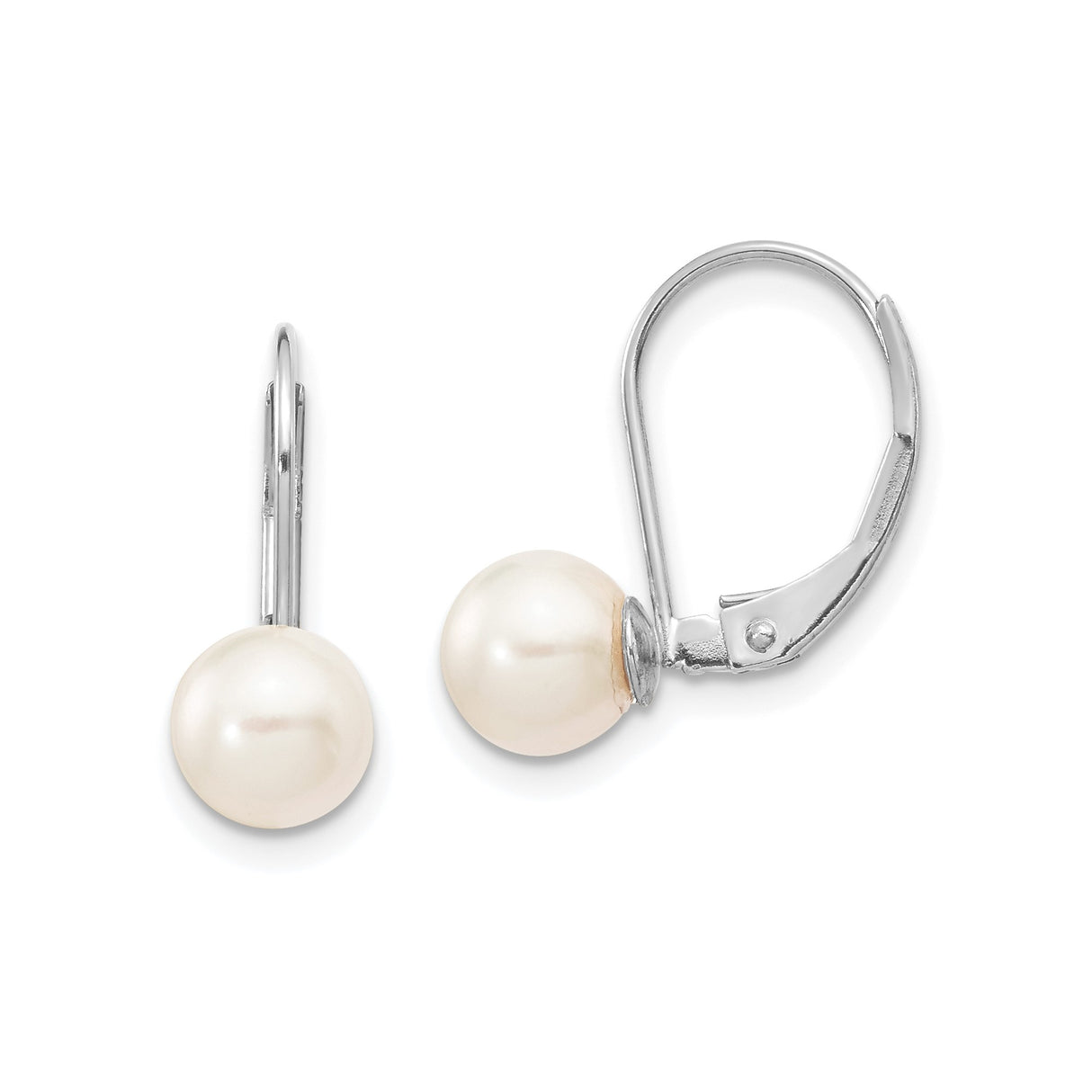 14k White Gold Drop Earrings with Round Cultured Pearls, Leverback Closure, Bridal Jewelry