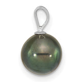 8-9mm Round Black Saltwater Akoya Charm Pendant in Real 14k White Gold