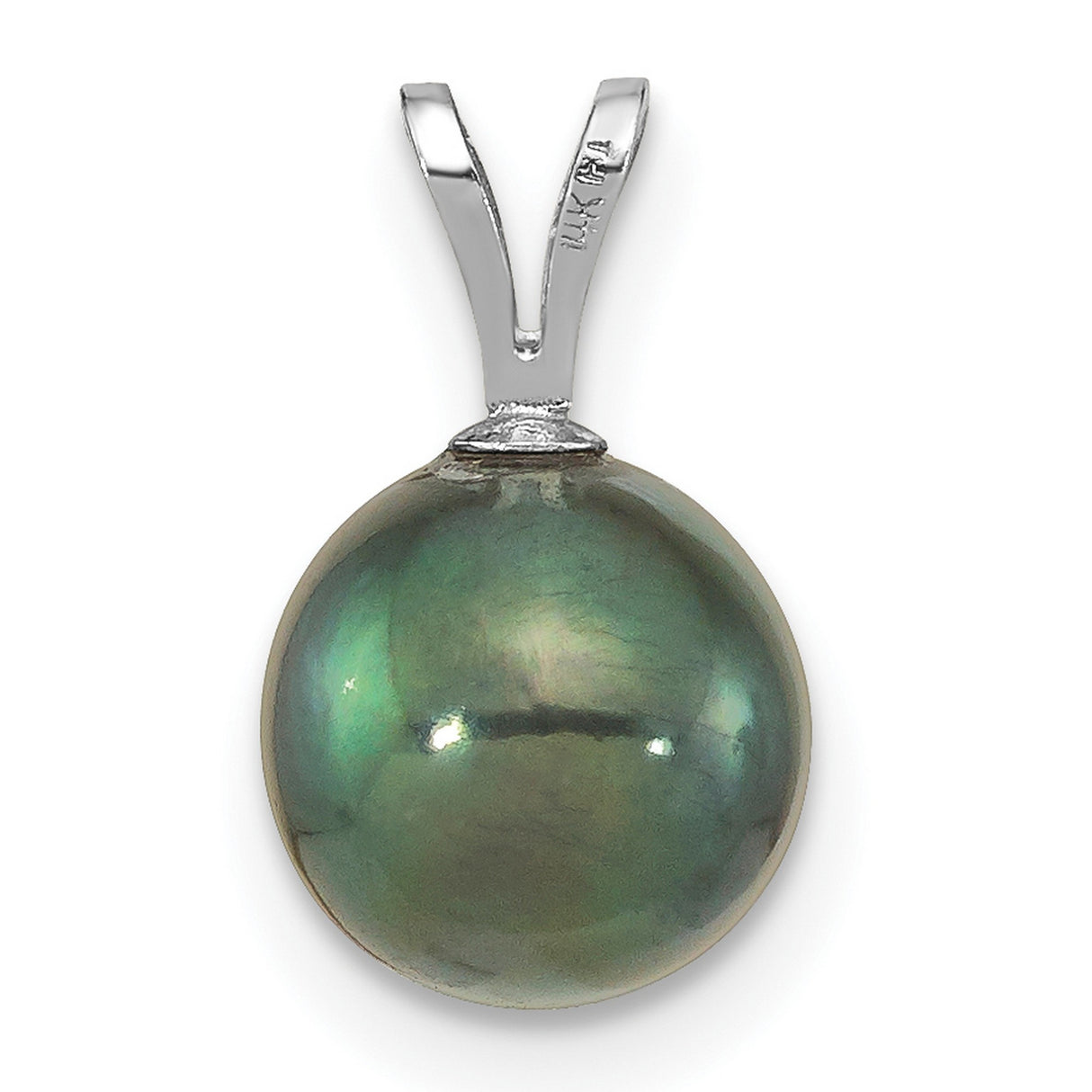 8-9mm Round Black Saltwater Akoya Charm Pendant in Real 14k White Gold