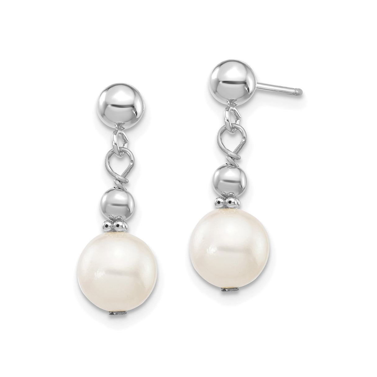 14k White Gold Dangle Earrings with White Cultured Pearls and Polished Beads for Women