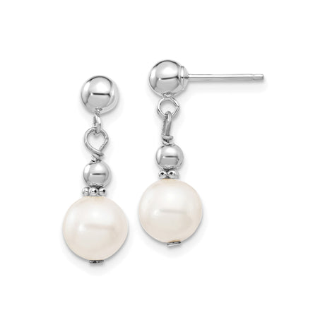 14k White Gold Dangle Earrings with White Cultured Pearls and Polished Beads for Women