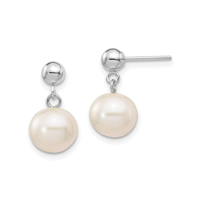 14k White Gold Drop Earrings with Cultured Pearls and Polished Ball Studs