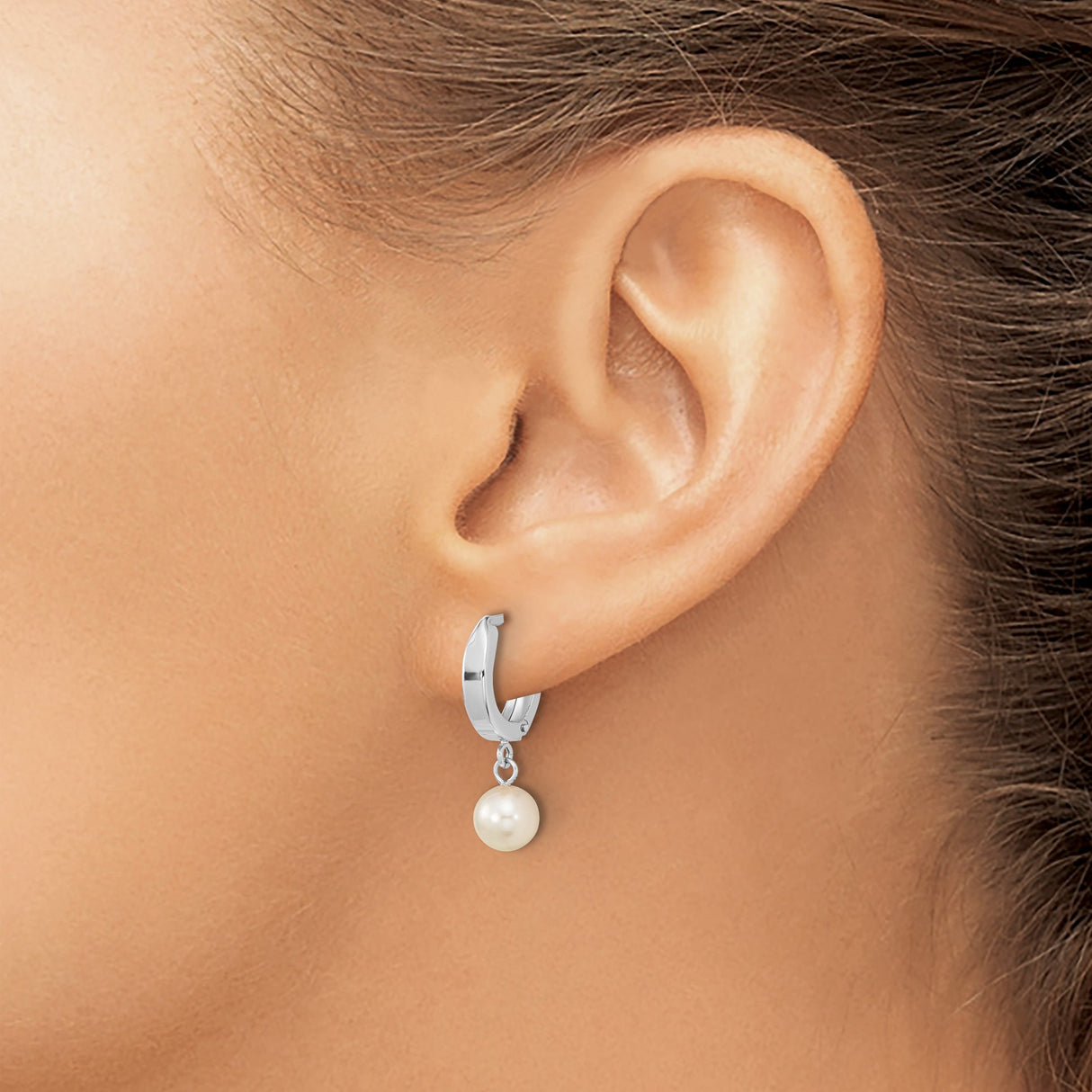 14k White Gold Dangle Earrings with Akoya Pearls, Hinged Hoop Drop Design for Women