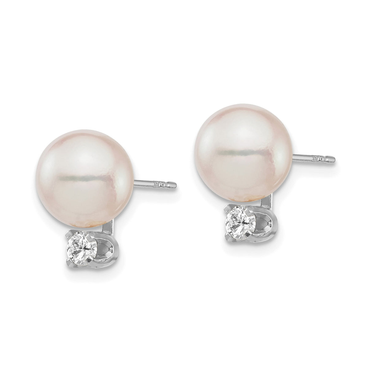14k White Gold Stud Earrings with Cultured Pearl and Diamond Accents, Classic Minimalist Style