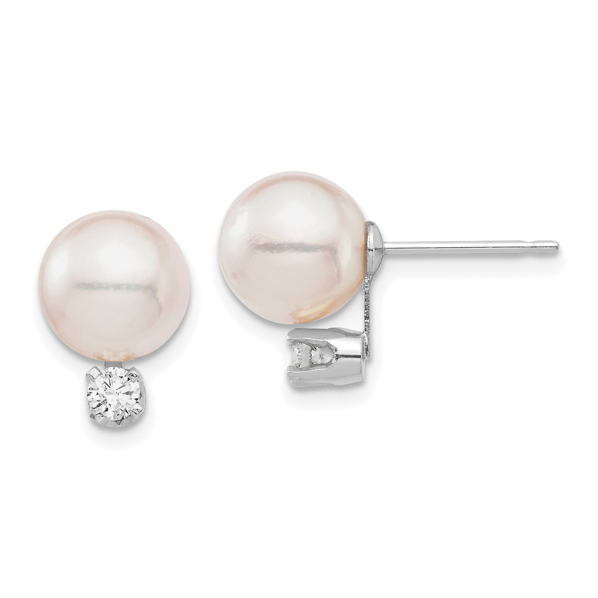 14k White Gold Stud Earrings with Cultured Pearl and Diamond Accents, Classic Minimalist Style