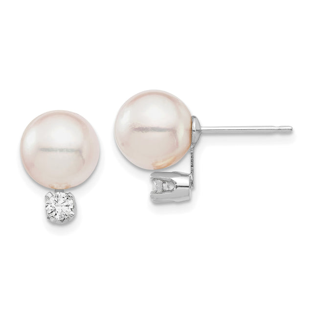 14k White Gold Stud Earrings with Cultured Pearl and Diamond Accents, Classic Minimalist Style