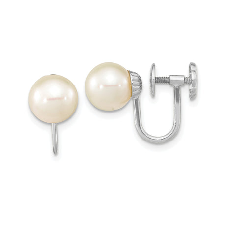 14k White Gold Clip-On Pearl Earrings for Women with Round Cultured Pearls, Screw Back Non-Pierced Design, Elegant Formal Jewelry for Bridal, Wedding, Office, or Everyday Wear, Timeless and Classic