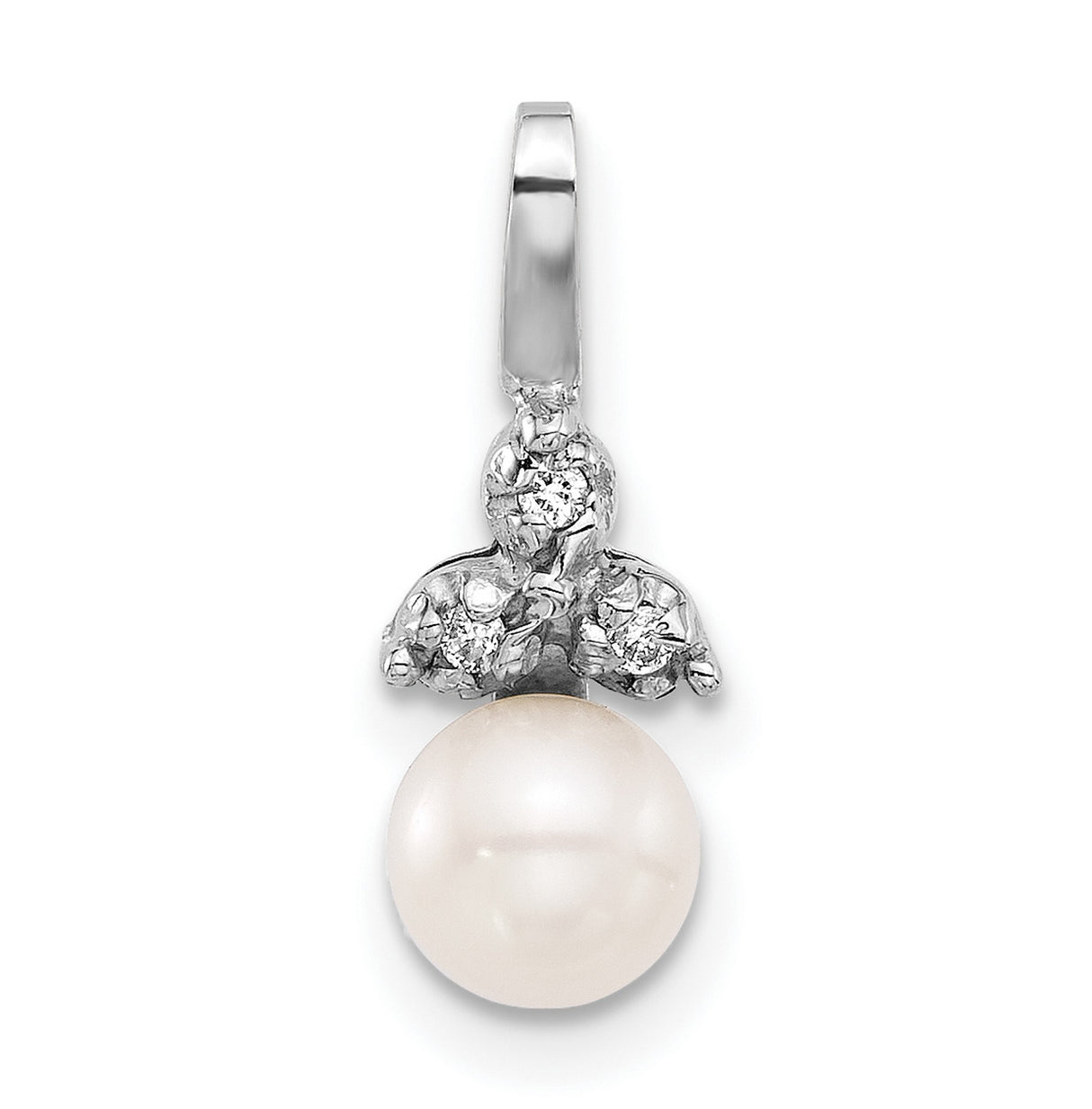 14k White Gold Angel Pendant with Natural White Pearl and Diamond Accent