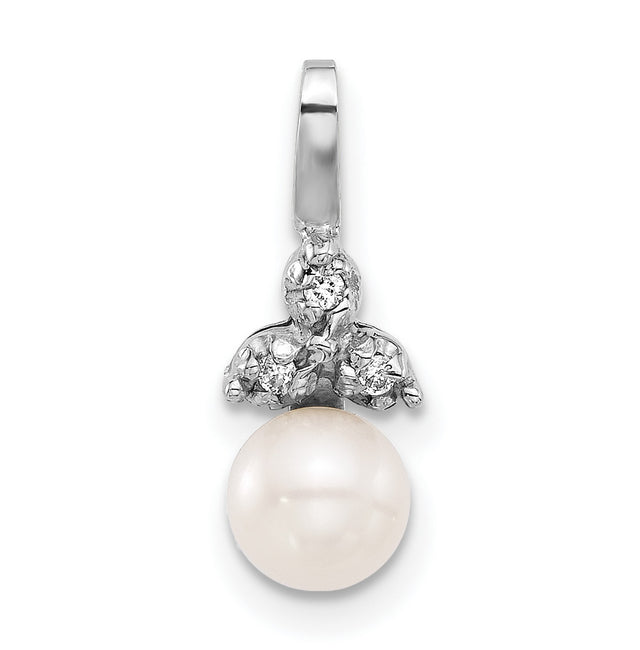 14k White Gold Angel Pendant with Natural White Pearl and Diamond Accent