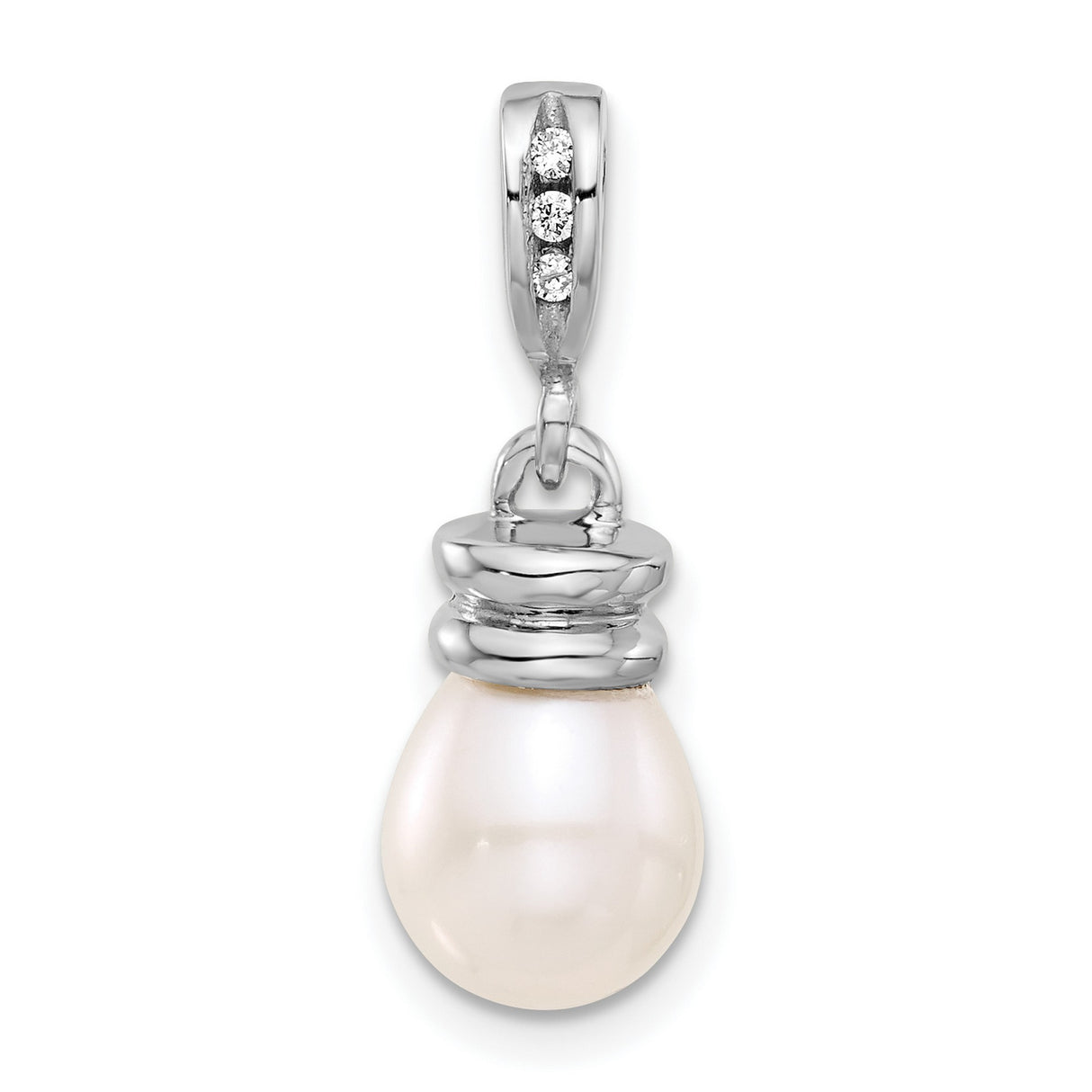 14k White Gold Teardrop Pearl Pendant with Diamond Accent Bail for Women