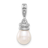 14k White Gold Teardrop Pearl Pendant with Diamond Accent Bail for Women
