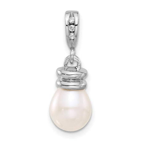 14k White Gold Teardrop Pearl Pendant with Diamond Accent Bail for Women