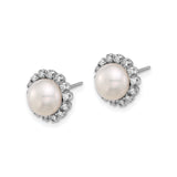 14k White Gold Pearl Stud Earrings with Diamond Halo, Floral Design