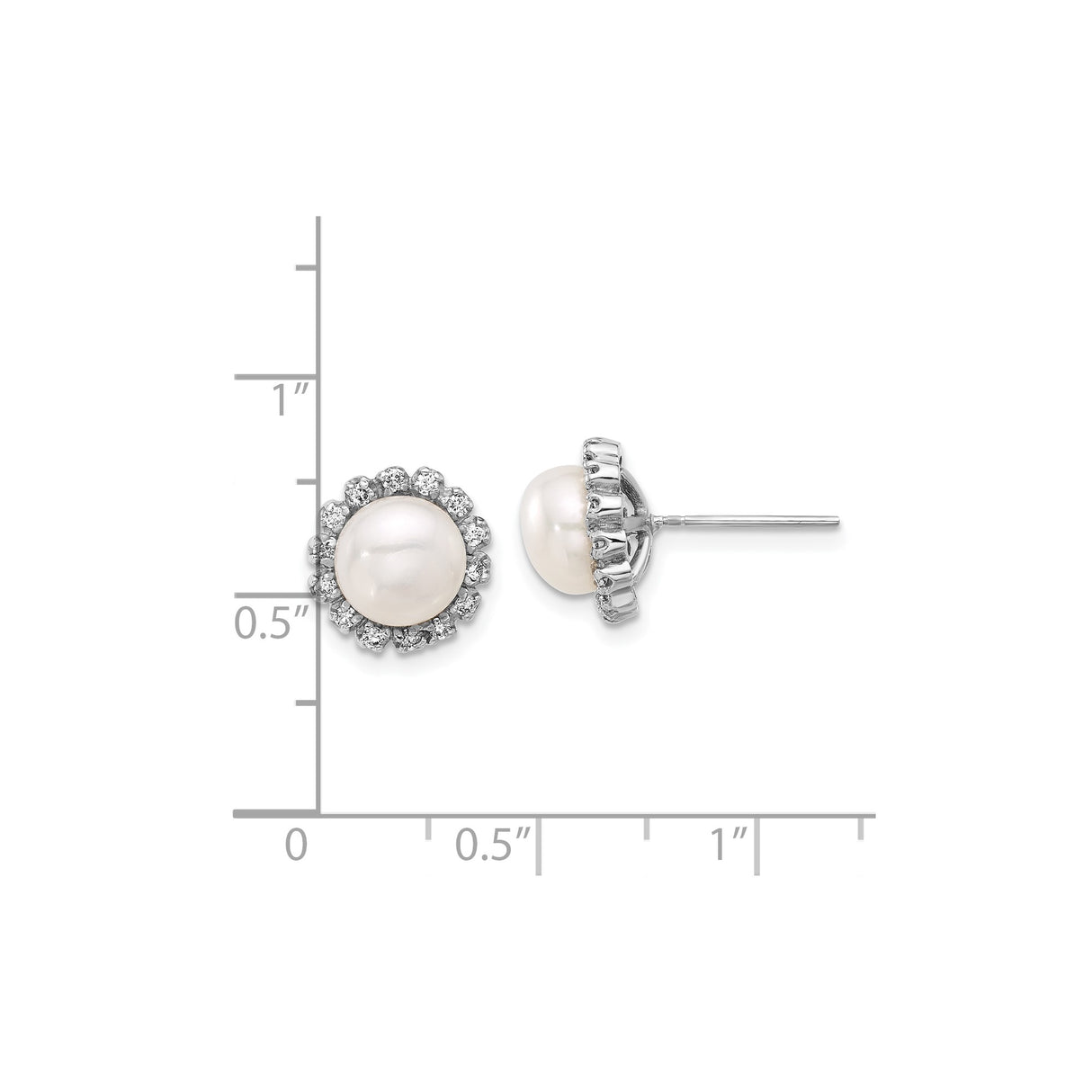 14k White Gold Pearl Stud Earrings with Diamond Halo, Floral Design