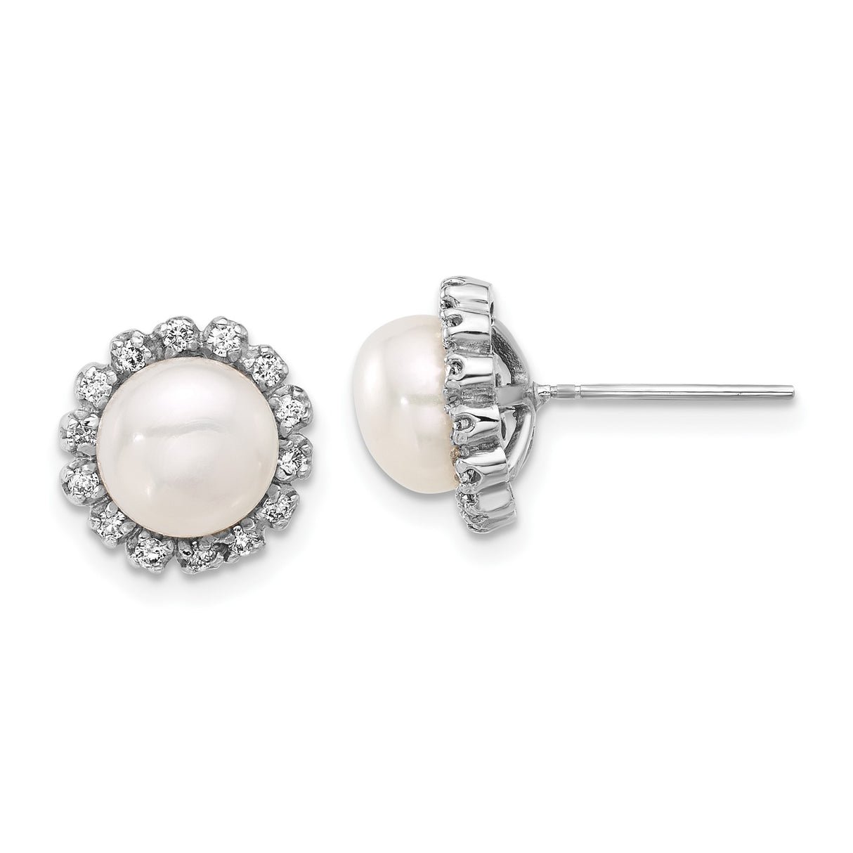 14k White Gold Pearl Stud Earrings with Diamond Halo, Floral Design