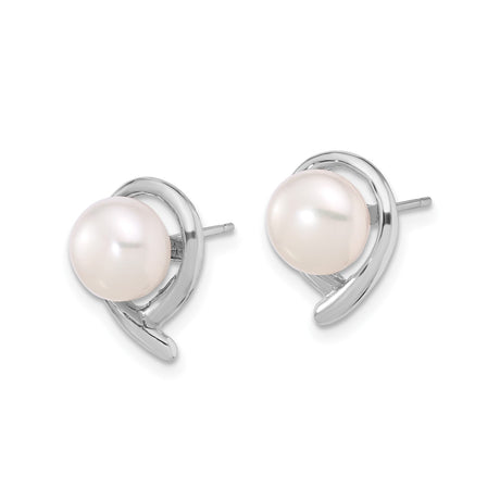 14k White Gold Pearl Stud Earrings with Modern Swirl Design