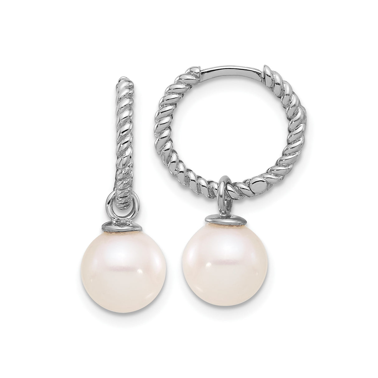 14k White Gold Hoop Earrings with Interchangeable Pearl Drops, Twisted Rope Design