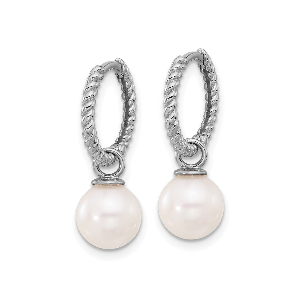 14k White Gold Hoop Earrings with Interchangeable Pearl Drops, Twisted Rope Design