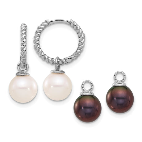 14k White Gold Hoop Earrings with Interchangeable Pearl Drops, Twisted Rope Design