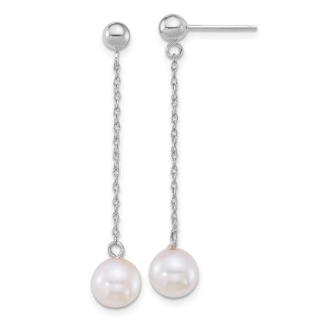 14k White Gold Dangle Earrings with Akoya Pearl Drops and Delicate Chain Design