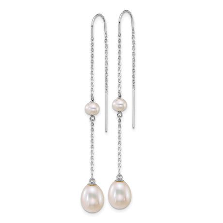 14k White Gold Threader Earrings with Cultured Freshwater Pearls, Modern Minimalist Drop Design