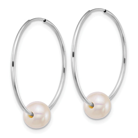 14k White Gold Hoop Earrings with White Cultured Pearls, Minimalist Style for Women
