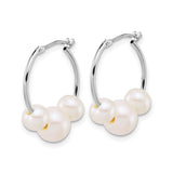 14k White Gold Hoop Earrings with Three Freshwater Cultured Pearls, Timeless Design