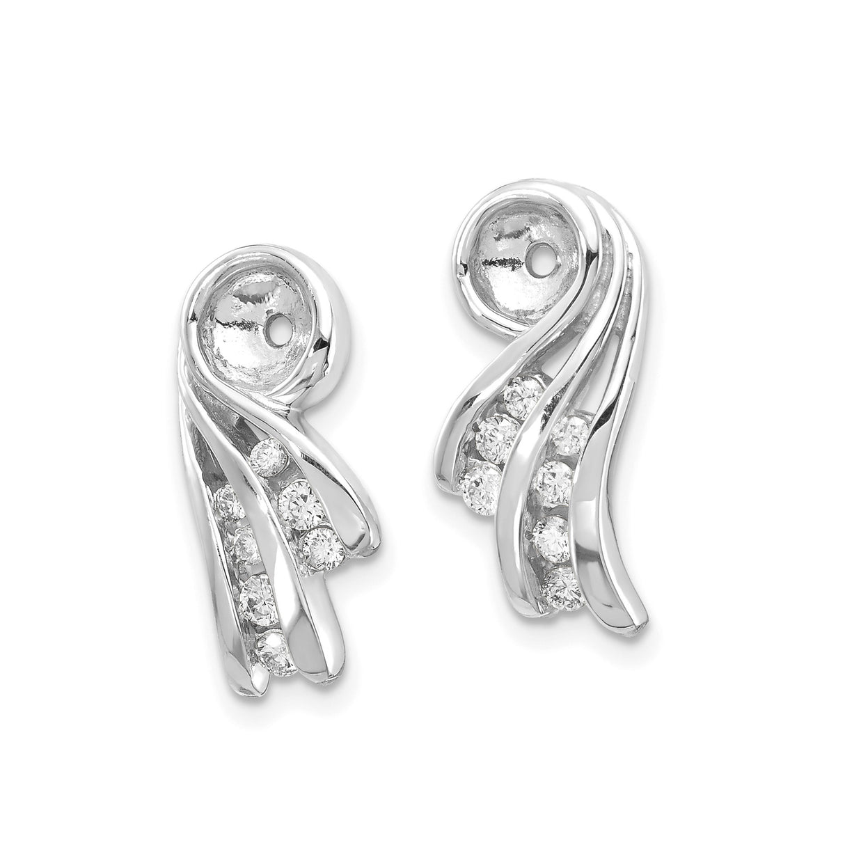 14k White Gold Earring Jackets with Diamond Accents, Flowing Swirl Stud Enhancers for Women