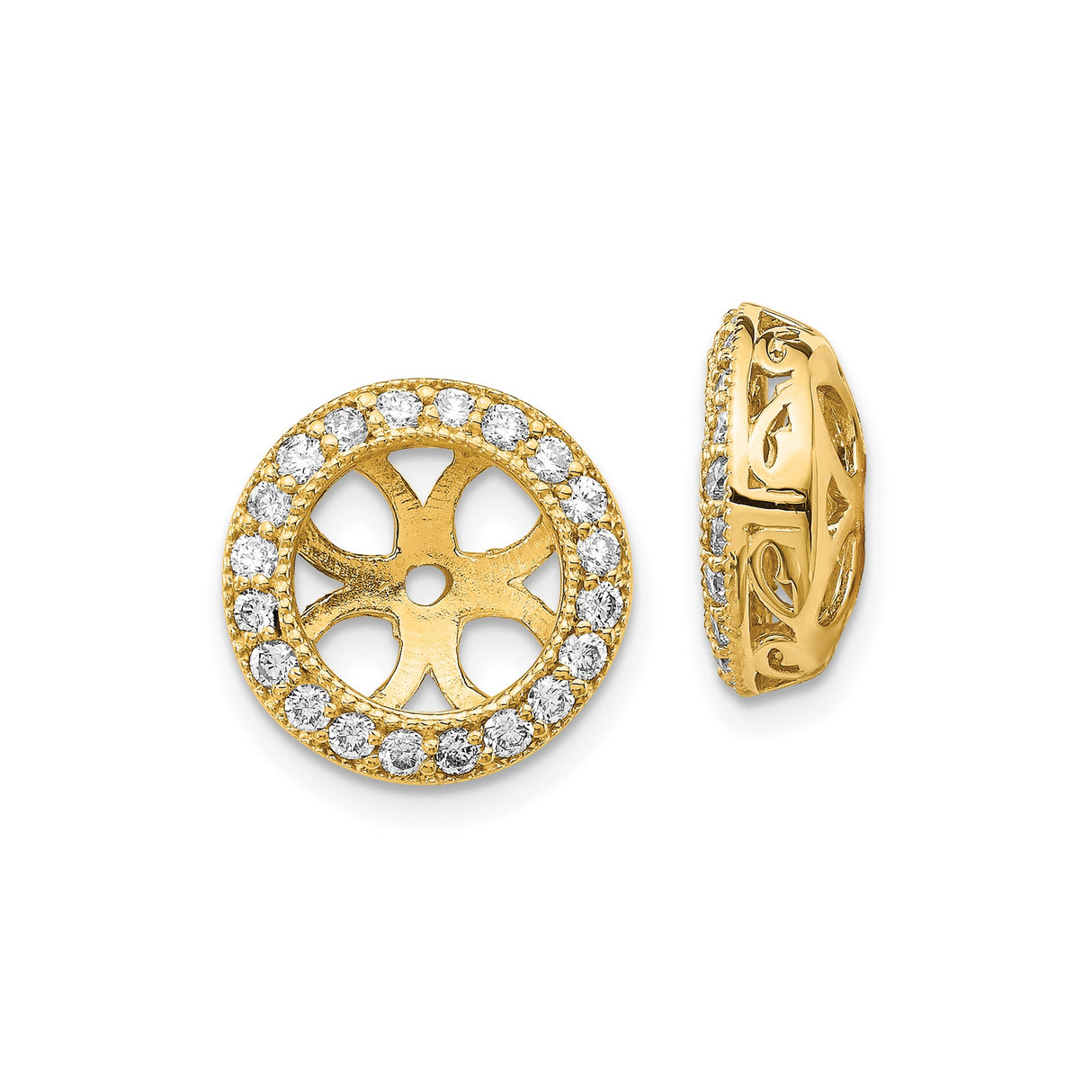 14k Yellow Gold Stud Earrings with Diamond Accents, Cut-Out Floral Design, Filigree Detail