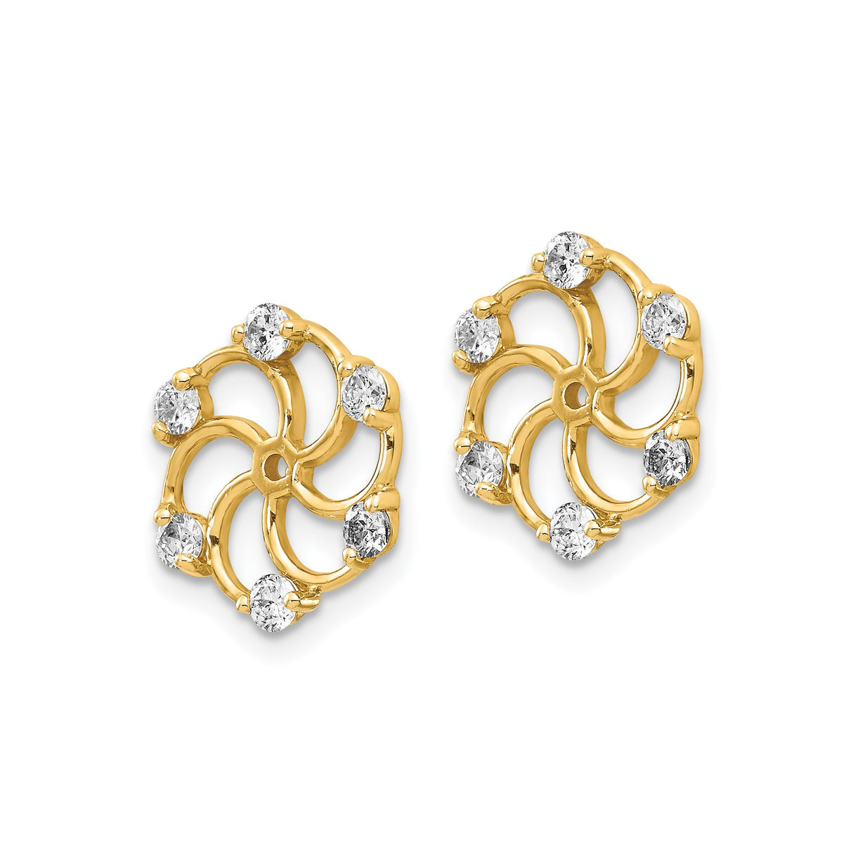 14k Yellow Gold Stud Earrings with Cubic Zirconia, Swirl Flower Design and Openwork Petals
