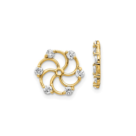 14k Yellow Gold Stud Earrings with Cubic Zirconia, Swirl Flower Design and Openwork Petals