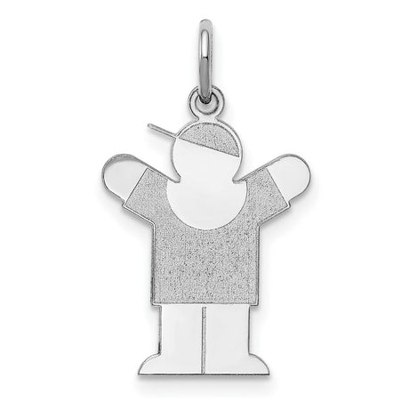 14k White Gold Boy Charm Pendant with Cap and Raised Arms, Polished and Textured