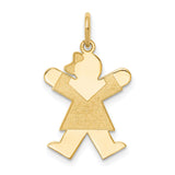 14k Yellow Gold Girl Charm Pendant with Textured Dress and Bow, Sentimental Keepsake Jewelry