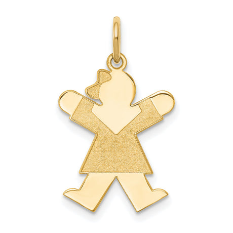 14k Yellow Gold Girl Charm Pendant with Textured Dress and Bow, Sentimental Keepsake Jewelry