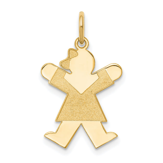 14k Yellow Gold Girl Charm Pendant with Textured Dress and Bow, Sentimental Keepsake Jewelry