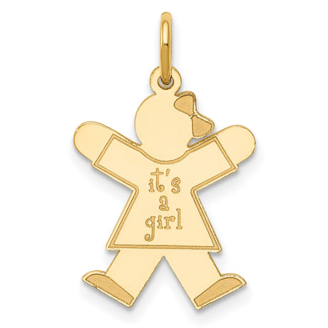14k Yellow Gold Its a Girl Pendant Charm with Stylized Girl and Bow, Polished Finish for Women