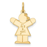 14k Yellow Gold Girl Pendant with Its a Girl Phrase, Baby Keepsake Charm for New Mothers