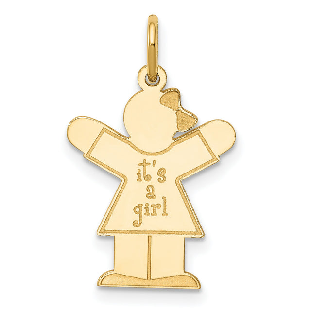 14k Yellow Gold Girl Pendant with Its a Girl Phrase, Baby Keepsake Charm for New Mothers