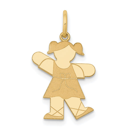 14k Yellow Gold Girl Pendant Charm with Dress and Pigtails, Symbol of Love and Family