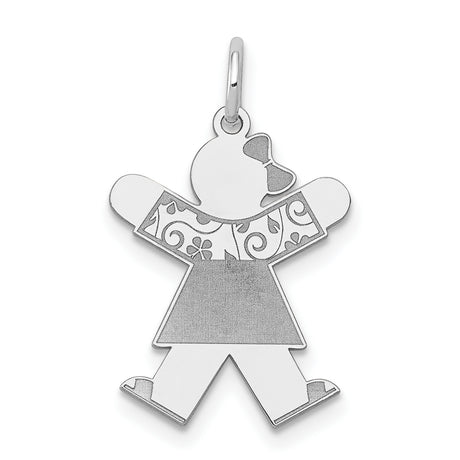 14k White Gold Girl Shaped Pendant with Floral and Bow Detailing, Sentimental Daughter Charm