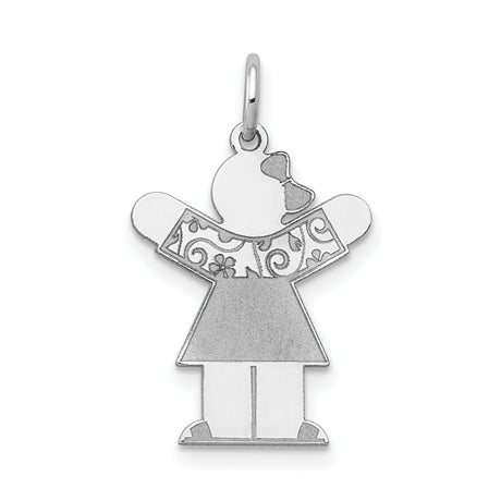 14k White Gold Girl Charm Pendant with Bow and Floral Scroll Design